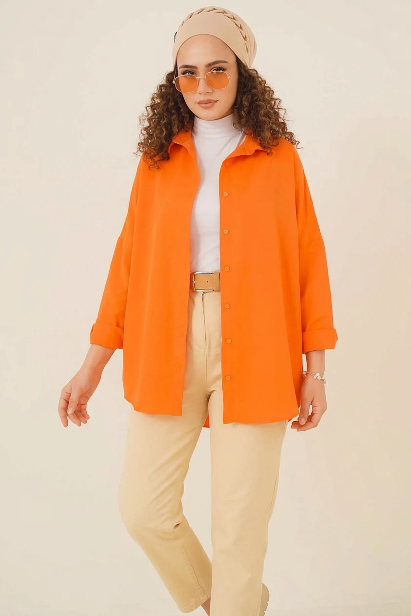  Kadın Oversize Basic Turuncu Tesettür Gömlek 
