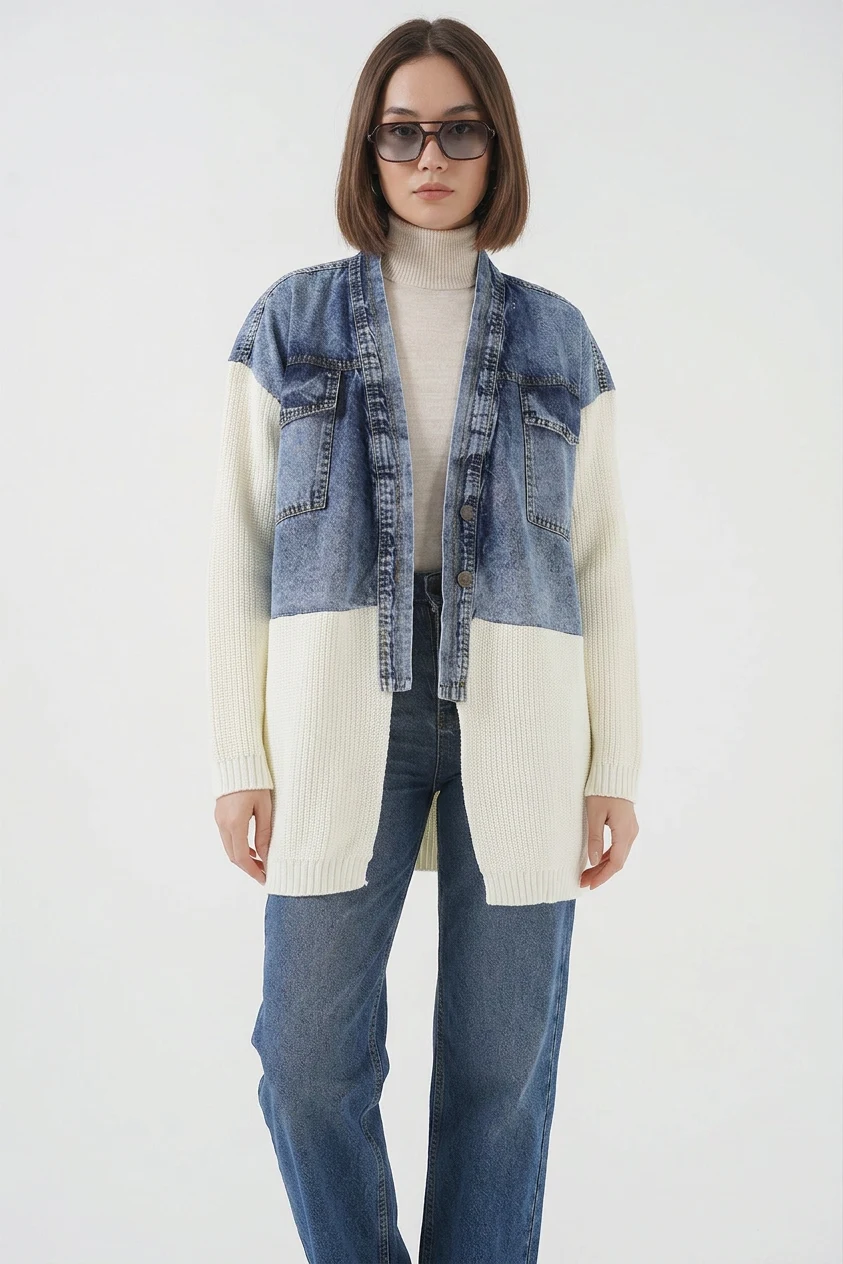  Kadın V Yaka Denim Detaylı Triko Kol Beyaz Ceket 