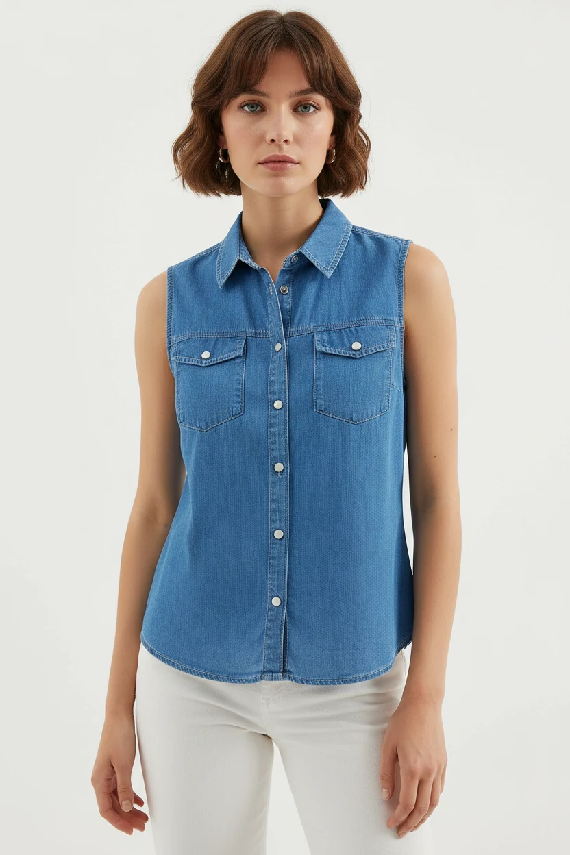  Kadın Cep Detaylı Denim Lacivert Gömlek 