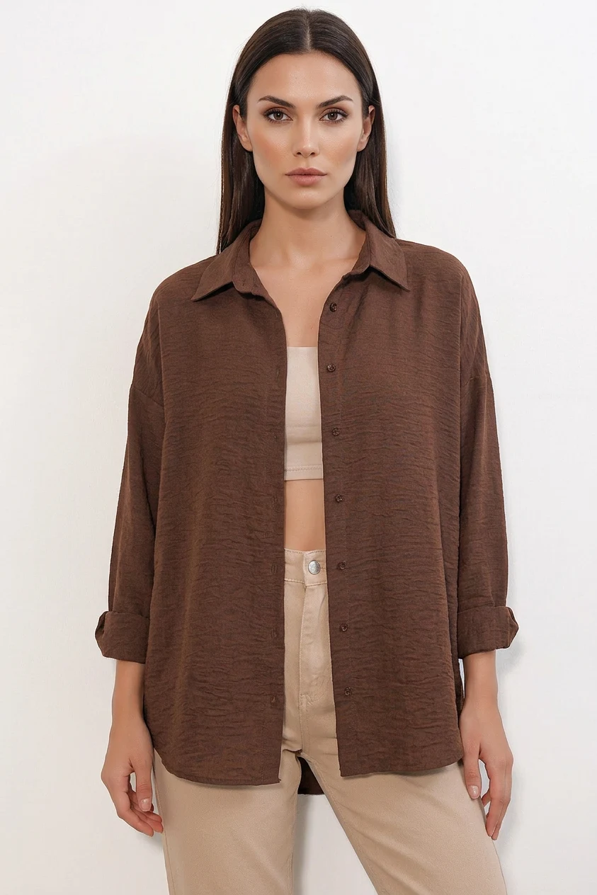 Kadın Oversize Kesim Keten Kahverengi Gömlek