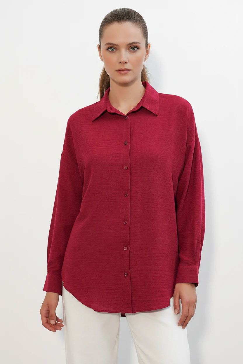 Kadın Oversize Kesim Keten Bordo Gömlek