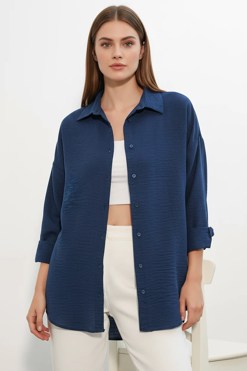 Kadın Oversize Kesim Keten Lacivert Gömlek