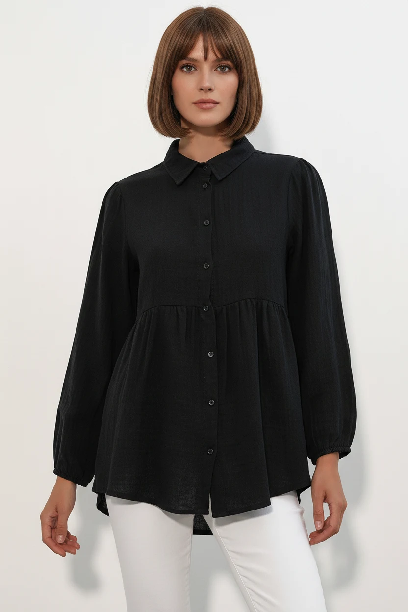 Kadın Beli Büzgülü Kabartmalı Oversize Keten Siyah Gömlek