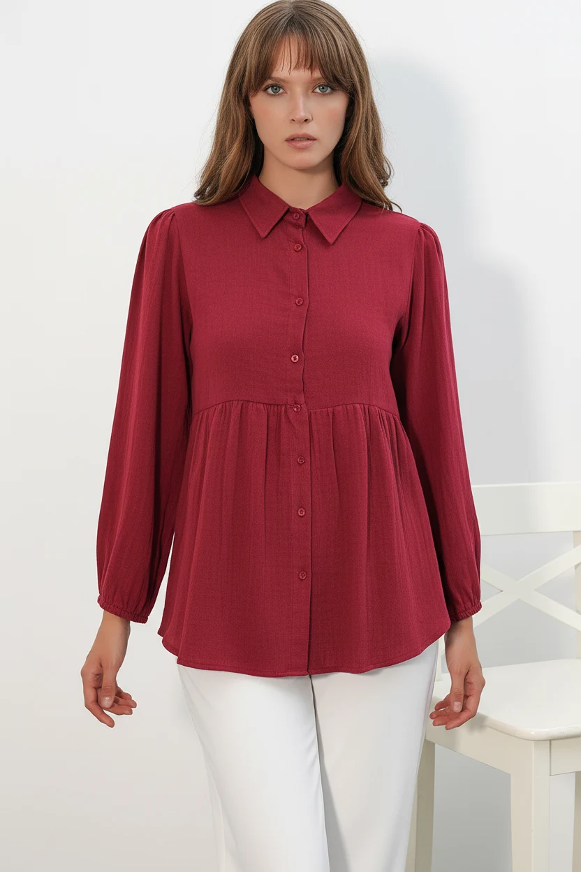 Kadın Beli Büzgülü Dokulu Oversize Keten Bordo Gömlek
