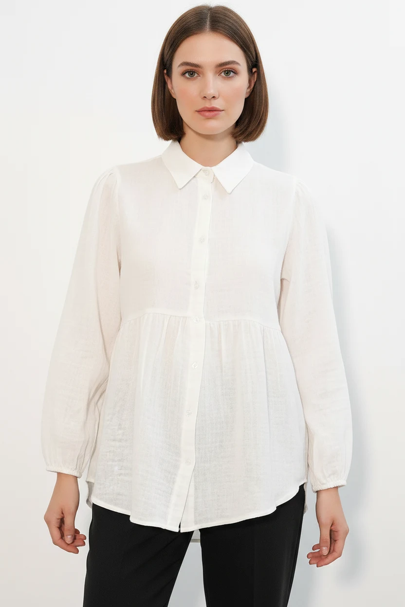 Kadın Beli Büzgülü Kabartmalı Oversize Keten Beyaz Gömlek