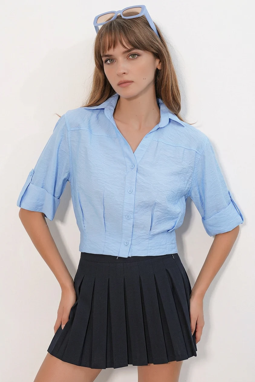 Kadın Kısa Kol Crop Oversize Mavi Gömlek