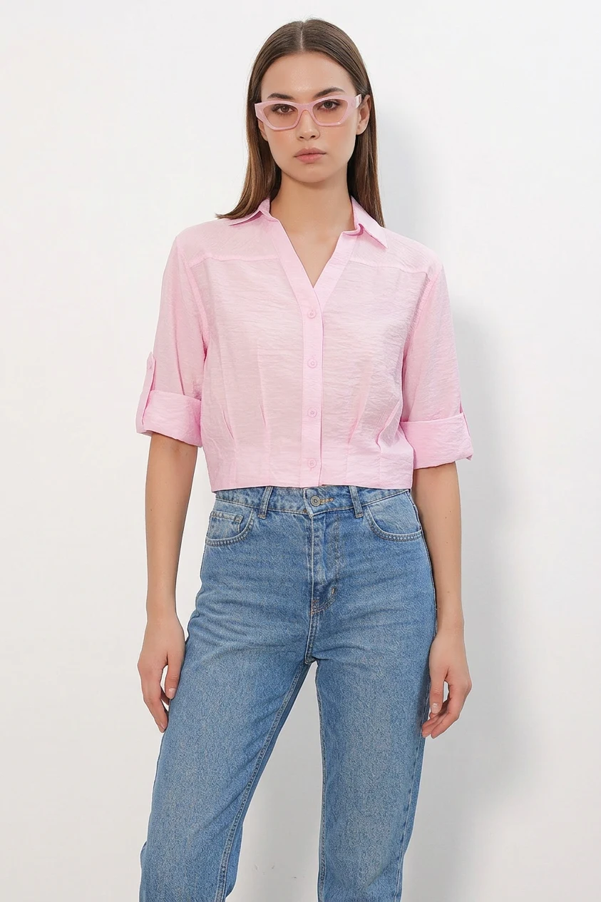 Kadın Kısa Kol Oversize Kesim Pembe Gömlek