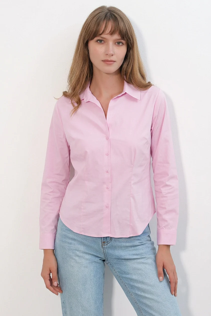 Kadın Klasik Yaka Basic Pembe Gömlek