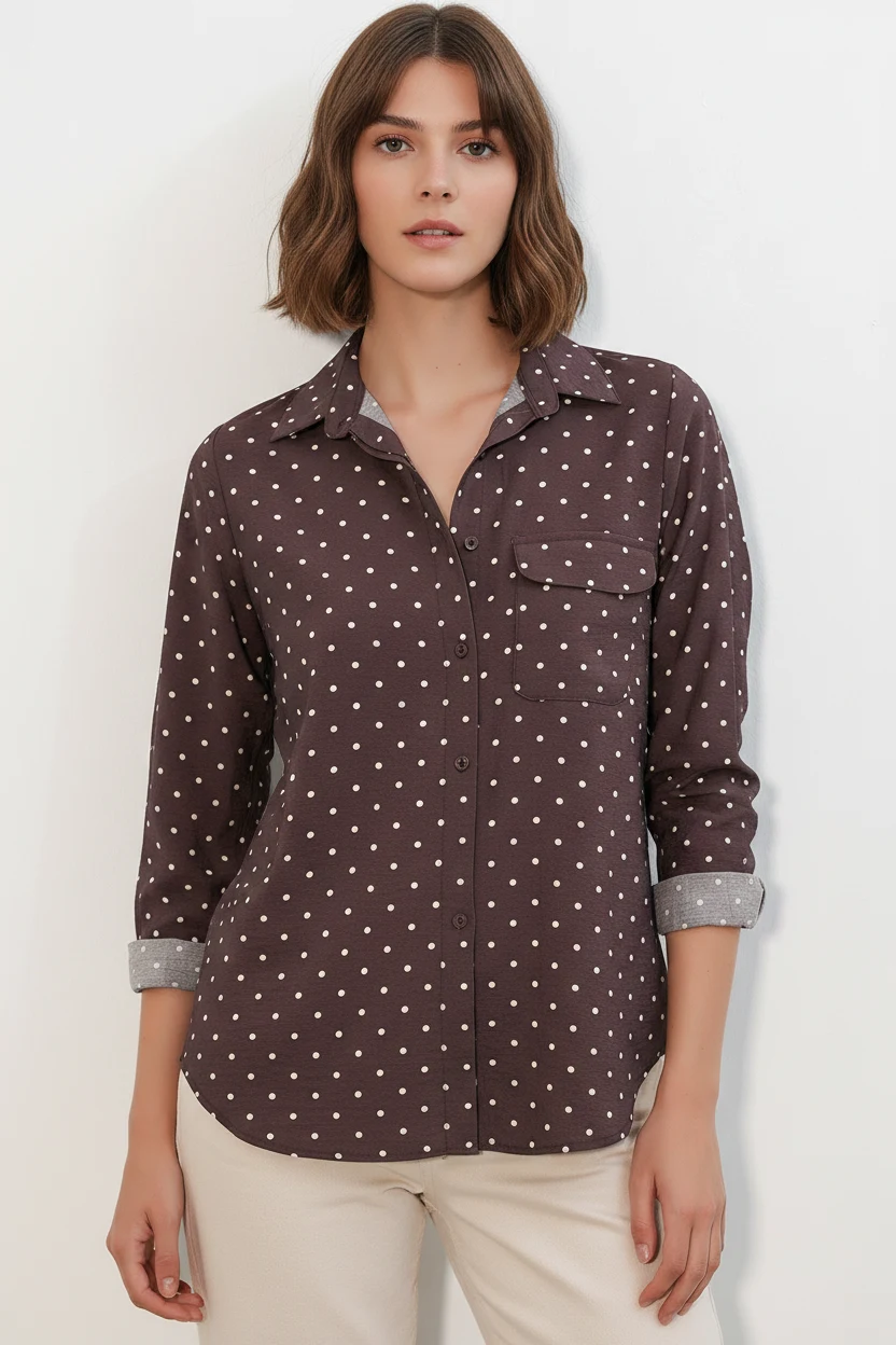 Kadın Oversize Tek Cepli Puantiyeli Kahverengi Gömlek