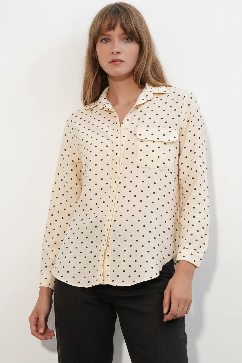 Kadın Oversize Tek Cepli Puantiyeli Krem Gömlek