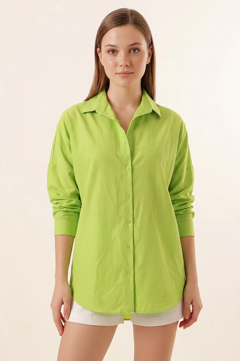 Kadın Oversize Kesim Basic Çağla Yeşili Gömlek