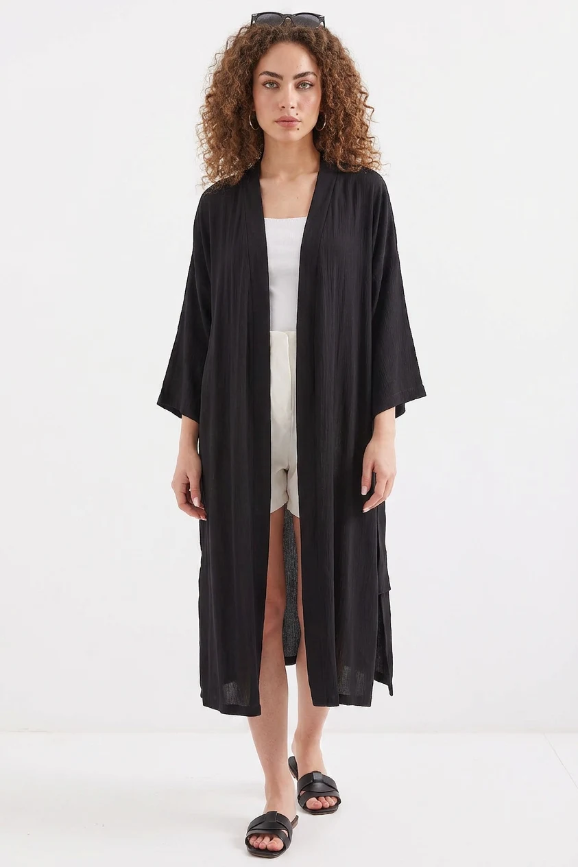  5835 Yırtmaçlı Yazlık Kimono - Siyah 