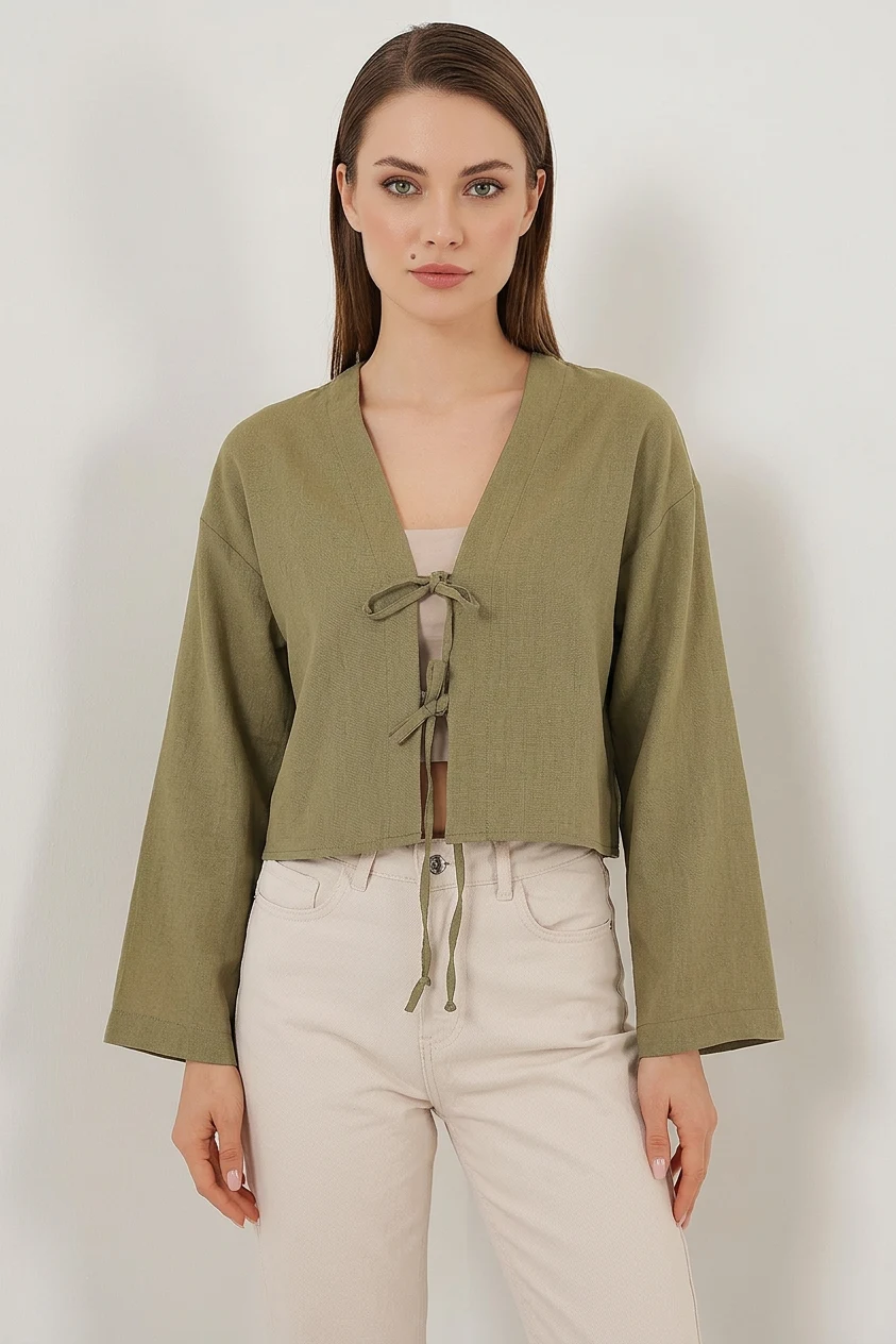 Önü Bağlamalı Keten Kimono 960 - Çağla