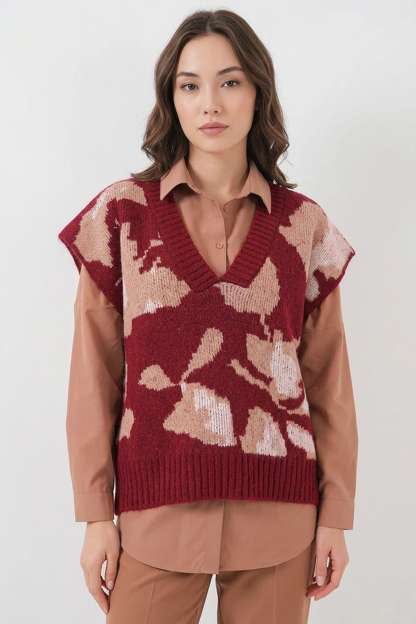  15923 Kadın Oversize Triko Süveter - Bordo 
