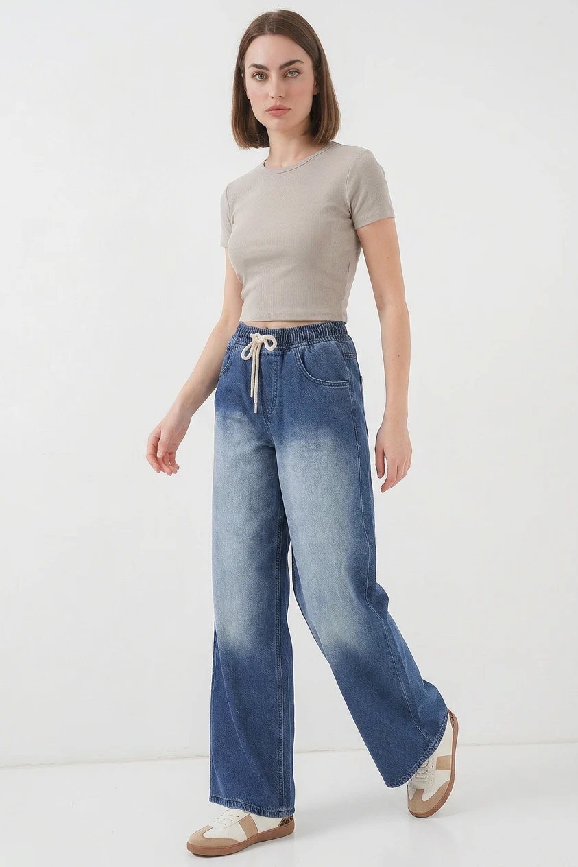  Kadın Yüksek Bel Ombre Desenli Denim Bol Paça Lacivert Palazzo Pantolon 