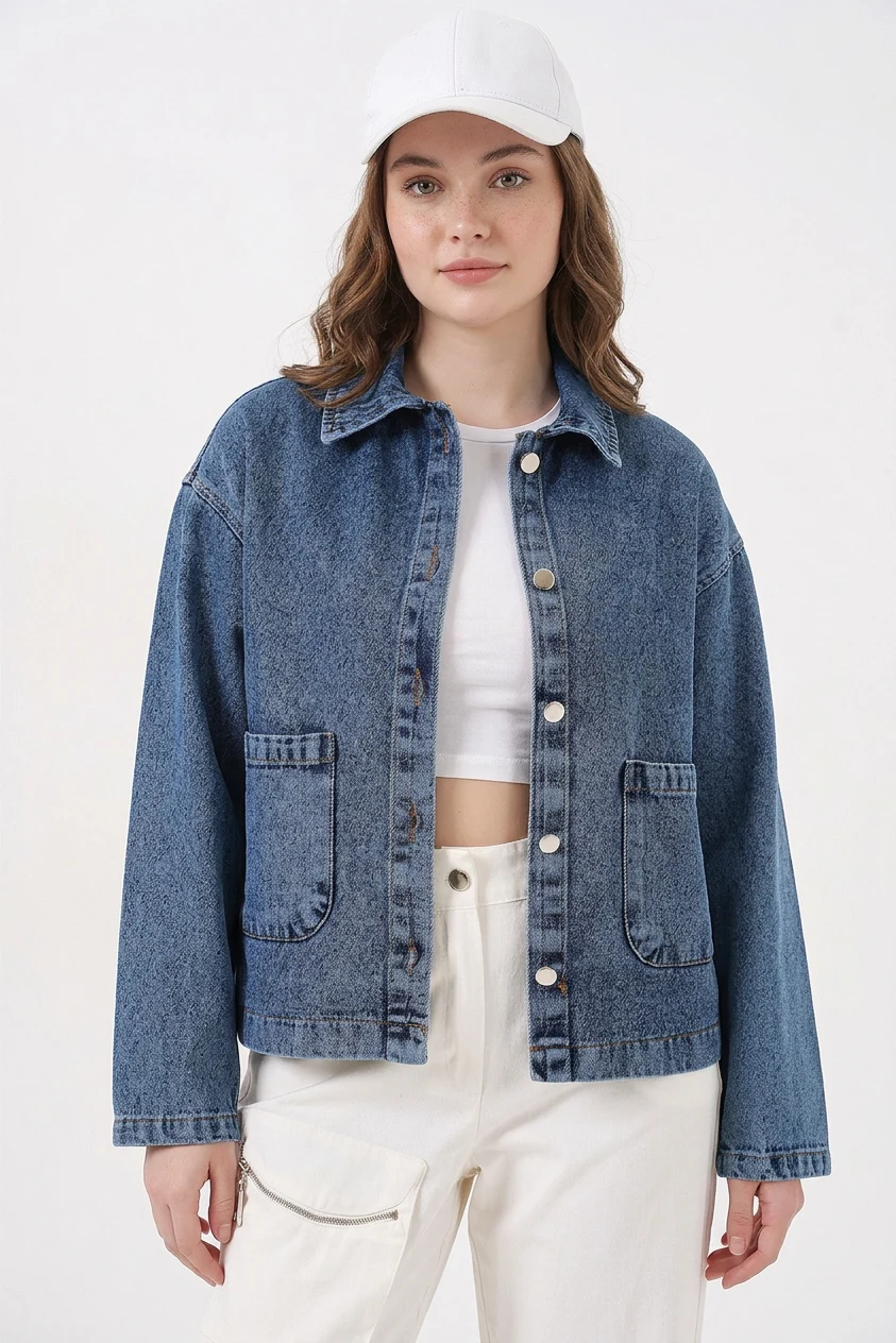  Kadın Klasik Yaka Çift Cepli Denim Lacivert Ceket 