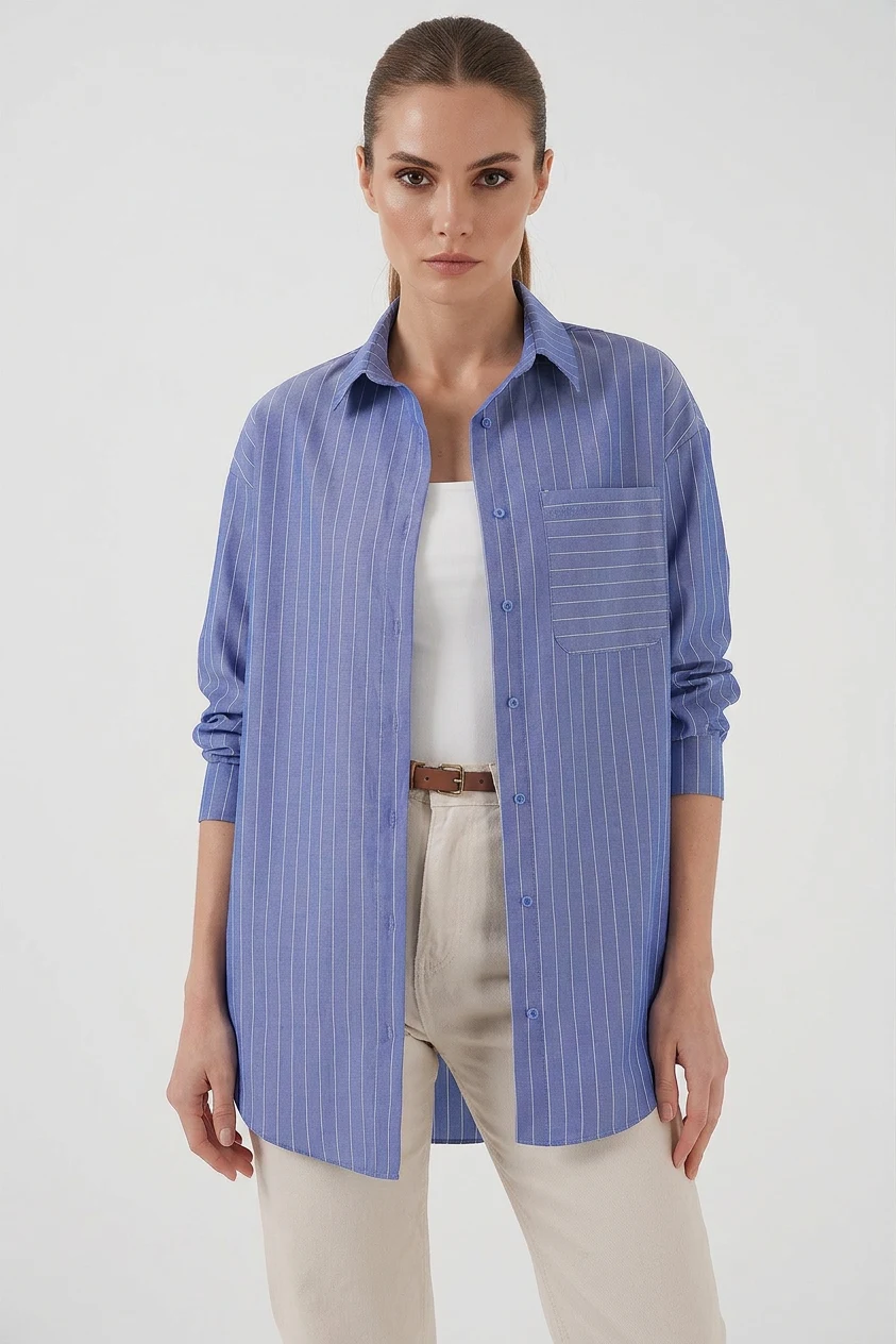  Kadın Oversize Çizgili İndigo Gömlek 